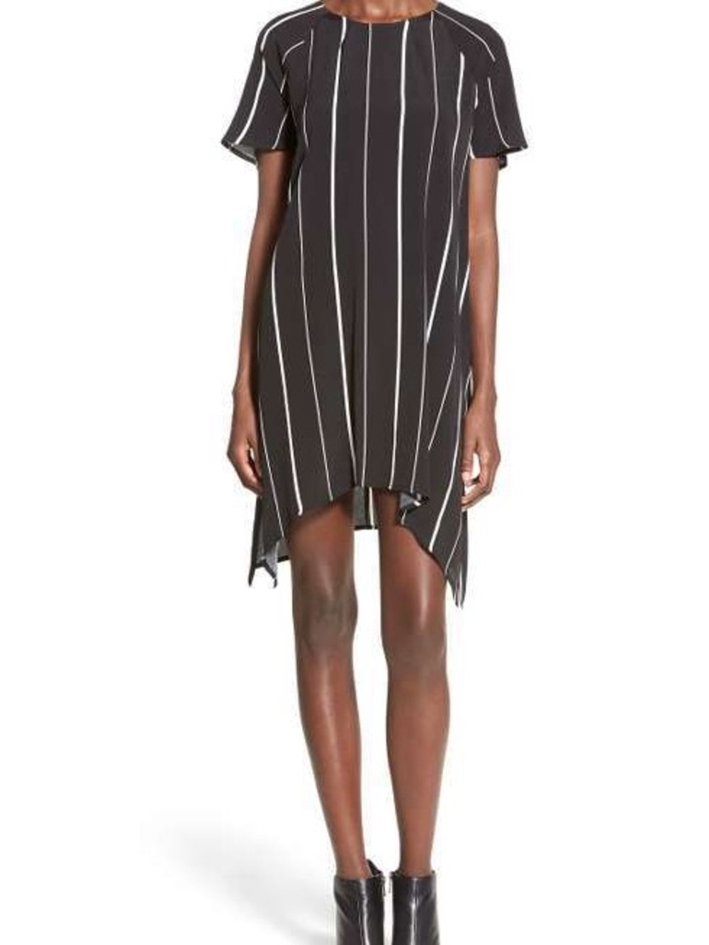 Black Vertical Stripe Short Sleeve Shift Swing Dress
